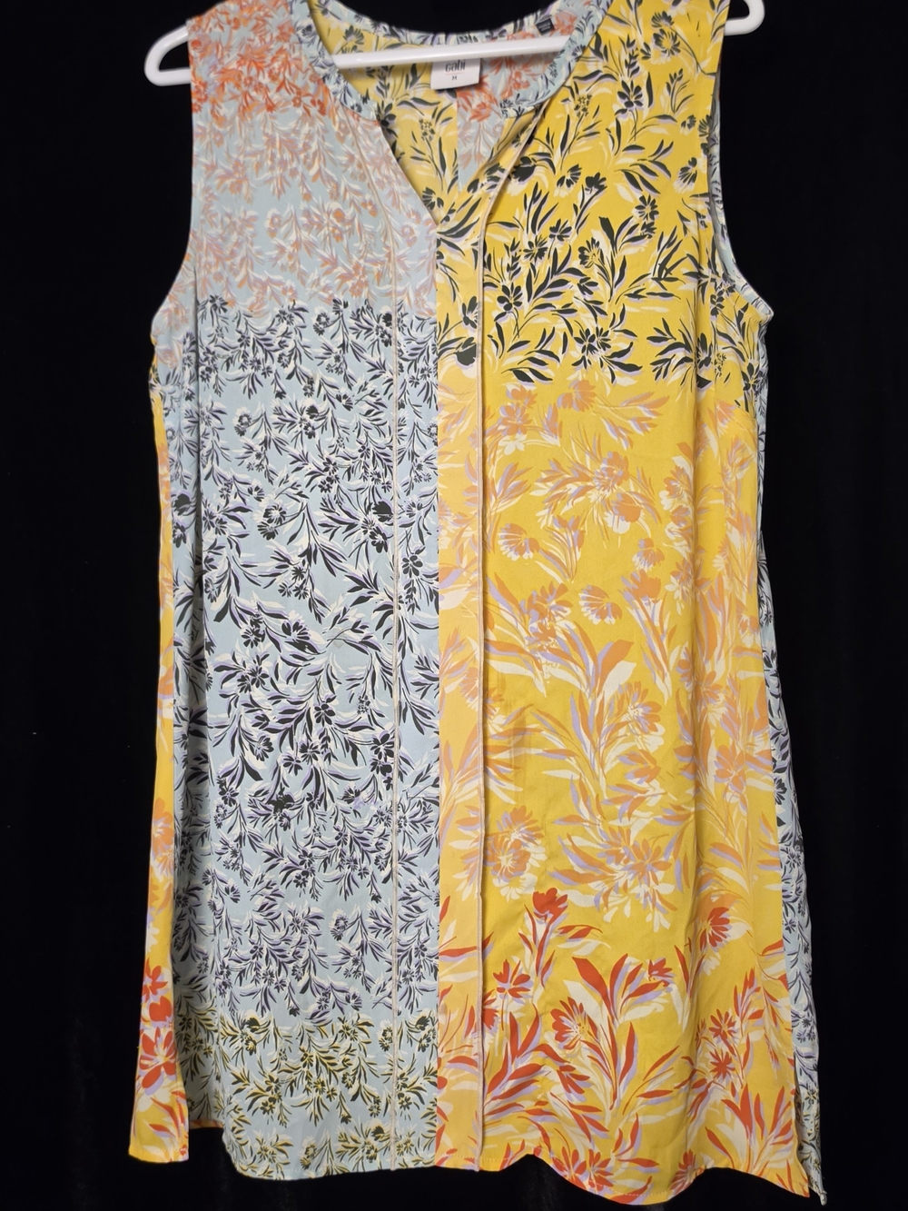#95 Cabi Women's M Yellow Blue Floral Sleeveless Tunic